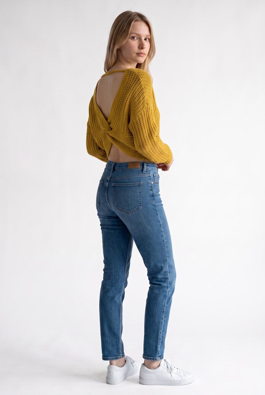 Kaisely Mustard Yellow Textured Knit Sweater Open Back Wrap Style S Casual Chic